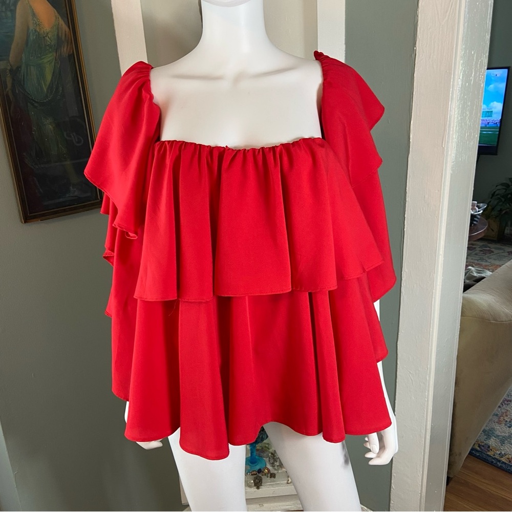 New NWT Boohoo Off-Shoulder Ruffle Peplum Blouse Top Red Tiered Sz 20 Volup Plus - Picture 2 of 10